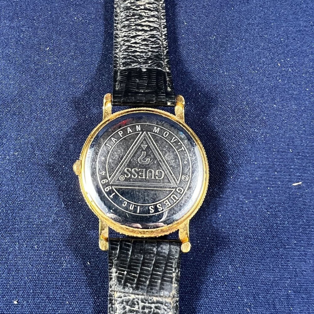 Vintage Guess Womens Gold Watch With Black Leather Band & White Dial Japan Movem - Picture 3 of 5